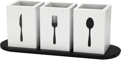 Kathfly 4 Pcs Silverware Caddy Utensil Holder for Countertop Silverware Organizer with Wood Tray Spoon Fork Holder for Kitchen Parties(White)...