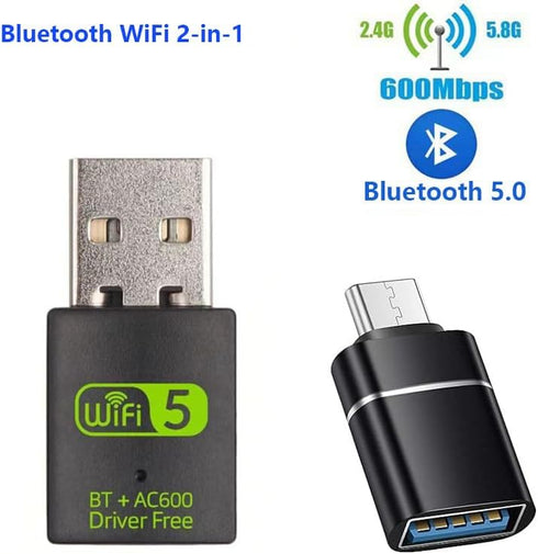 USB WiFi Adapter?600Mbps USB WiFi Bluetooth Adapter(Includes a USB to USB C Adapter)?Dual Band 5G/2.4G Wireless Network Adapter for Desktop Laptop...
