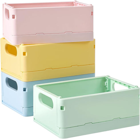 4-Pack Mini Storage Crates Organizer, Collapsible Plastic Storage Basket with Space-Saving Design, Stackable Cute Bin for Office & Home Bedroom, B...