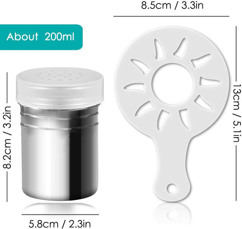 2 Pcs Stainless Steel Dredges and Powdered Shaker with 16 pcs Printing Molds Stencils, SENHAI Salt Pepper Coffee Cocoa Cinnamon Power Can with Hol...