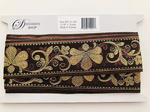 JL 429 Jacquard Metallic Gold Floral Vine Brown Ribbon Trim 2-3/8" (60mm) 3 Yards DIY for Sewing Crafting Home Decor, Wedding, Gift Wrapping, Bag ...