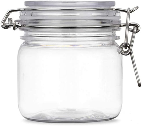 2Pcs 10 Oz/300ml Clear Round Plastic Home Kitchen Storage Sealed Jar Bottles with Leak Proof Rubber and Hinged Lid for Herbs, Spices, Candy, Gift,...