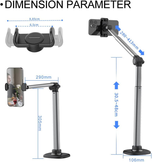 Overhead Phone Mount, Phone Stand for Video Recording, with Adhesive Backing on Base, Extendable Arm iPhone Holder Height Adjustable, 360 Degrees ...