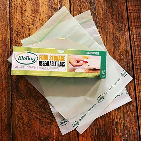 BioBag 100% Certified Compostable Resealable Food Storage Bags, 20 Count, Quart, Perfect for Refrigerator...