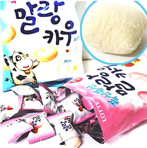 Korean Lotte Soft Malang Cow Fresh Grade Milk & Strawberry Milk Chewy Candy (Pack of 2) (2.78oz)...