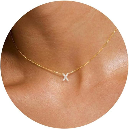 Initial Necklaces for Women Dainty Gold CZ Letter Necklace 14K Gold Plated Trendy Simple Cute Gold Choker Necklace Personalized Name A-Z Capital N...