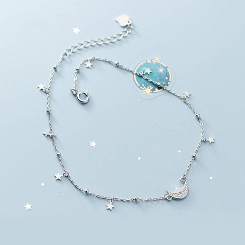 Dainty Star Crescent Moon Anklet Sterling Silver 925 Dangling Charm CZ Crystal Adjustable Foot Ankle Bracelet Sandbeach Party Foot Chain Summer Je...