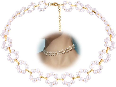 Pearl clavicle choker chain Round Pearl Chain Necklace Hollow Circle Choker Necklace Jewelry for Women...