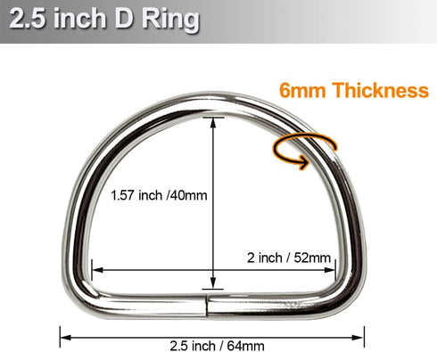 Ewparts 2.5 inch Metal D Rings Welded D-Rings Heavy Duty 6mm Thickness 6 Pack Outer Width 2.5 inch D Ring Inner Width 2 inch Metal D Ring for Craf...