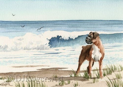 Boxer At The Beach Watercolor Art Print by Artist David J Rogers...