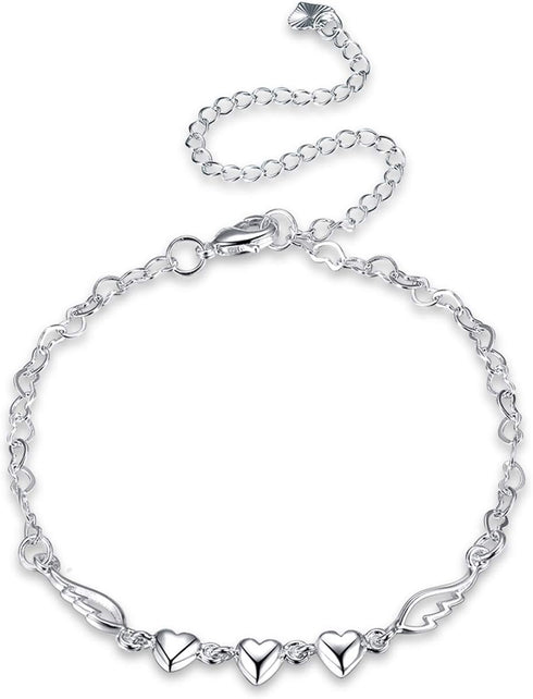 Fashion Jewelry 925 Sterling Silver Love Heart Angel Wings Chain Anklet...