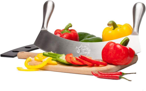 12" Stainless Steel Mezzaluna Knife & Cover + FREE Stainless Steel Soap Odor Remover | Pizza Cutter | Fruit, Vegetable & Salad Chopper & Dicer | H...