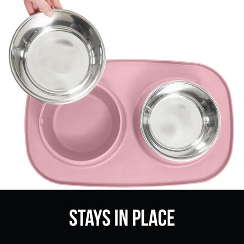 Gorilla Grip 100% Waterproof BPA Free Cat and Dog Bowls Silicone Feeding Mat Set, Stainless Steel Bowl Slip Resistant Raised Edges, Catch Water, F...