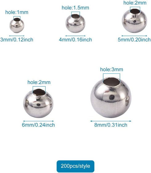 1000pcs 304 Stainless Steel Round Beads Metal Smooth Rondelle Loose Spacer Ball Beads 3mm 4mm 5mm 6mm 8mm for DIY Jewelry Crafts Making Hole:1-3mm...
