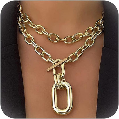 Chunky Gold Necklace Statement Necklaces for Women Layered Charm Necklace Dainty Gold Necklace Stack...