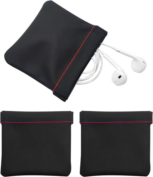 3pcs Earphone Pouch PU Leather Headphone Storage Bag Universal Spring Bag Closure Soft Elastic Snap Spring Pouch for Storing Earphones, Coins, Key...