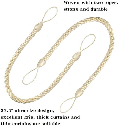BEL AVENIR Curtain Rope Tiebacks, Drapery Rope Holdbacks with 4 Metal Screw Hooks (Beige, 4pack)...