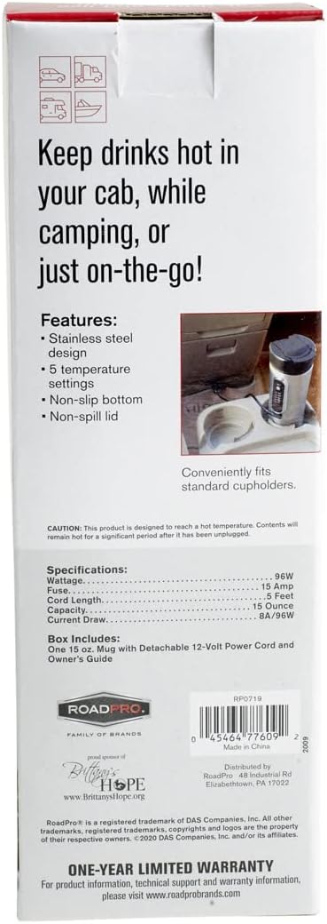RoadPro RP0719 12-Volt 15oz. Premium Heated Travel Mug, Silver, Black...