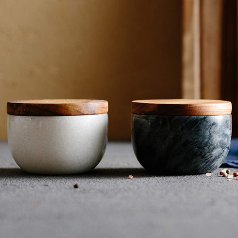 white Marble Base Wood Cover Salt Box with spoon Large Solid Natural Acacia lid white Marble base Elegant Design Decorative Boxes Big Capacity Sal...