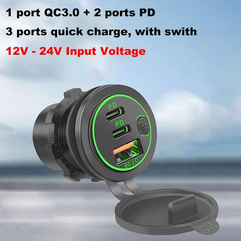 3 Ports 18W USB Car Charger with Switch, 12-24V QC 3.0 USB & Dual PD USB C Cigarette Lighter Socket Outlet, Dashboard Mount Quick Charge Charger f...