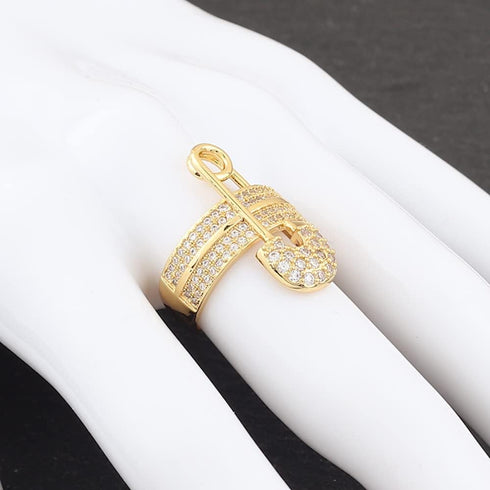 NewZenro Wide Flat CZ Safety Pin Chunky Open Rings Fashion Cubic Zirconia Paved Expandable Engagement Promise Statement Band Rings 14k Gold Plated...