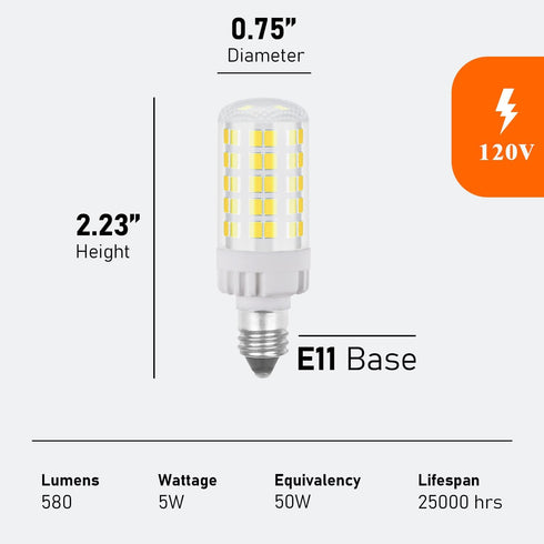 E11 LED Bulb Dimmable, 50W Equivalent, Daylight 6000K, T4 Mini Candelabra LED Bulb, E11 Base, 5W 580 Lumen, 5-Pack...