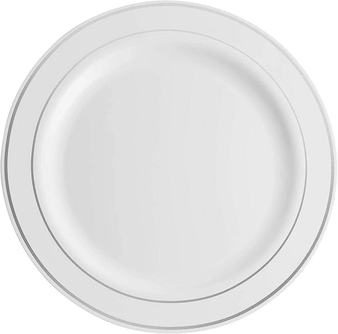 125 Piece Silver Dinnerware Party Set - 50 Silver Rim Plastic Plates, 25 Dinner 25 Dessert Plates, 25 Knives, 25 Forks, 25 Spoons - 25 Guest Dispo...