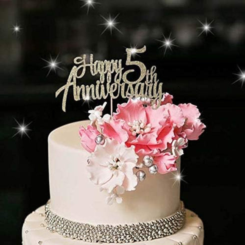 5th Anniversary Party Decoration Gold Glitter 5th happy Anniversary Cake Topper...