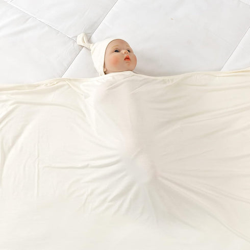 Large Jersey Knitted Swaddle Blanket for Baby, Soft Stretchy Receiving Blanket for Newborns with Hat, Large 47 x 47 inches (Natural)...