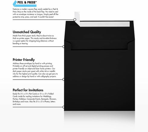 LUXPaper Square Invitation Envelopes | Peel & Press | 5 1/2" x 5 1/2" | Midnight Black | 80lb. Text | 50 Qty...