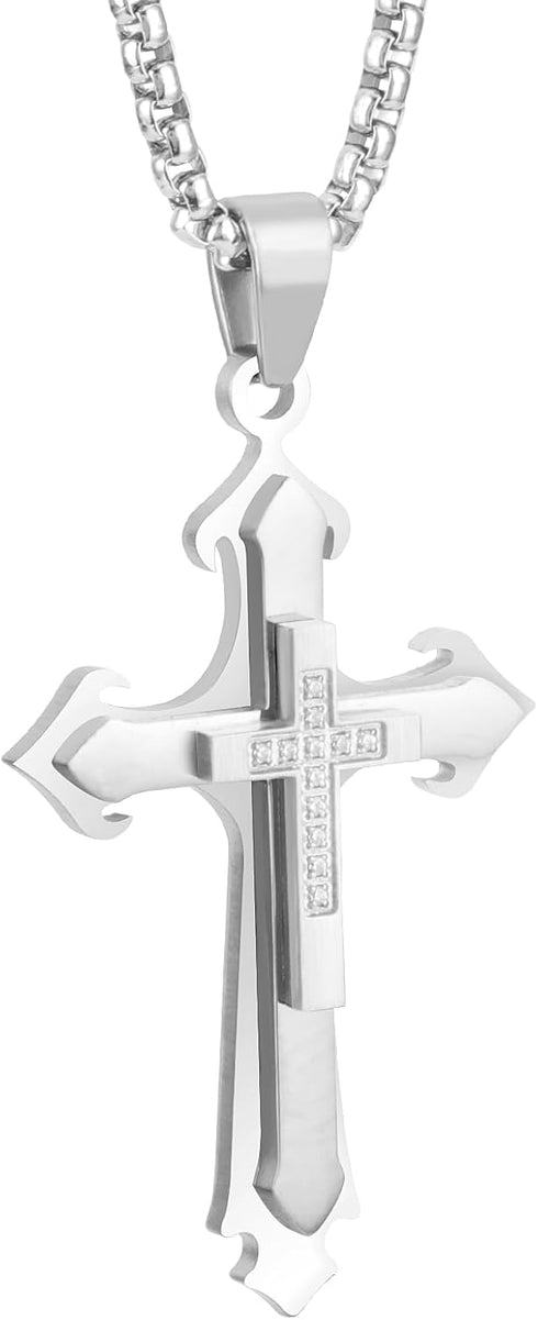 Cross Pendant for Car Rear View Mirror Decor Hanging Ornament Stainless Steel Three-layer Cross Necklace Amulet Jewelry Men Boys Christian Gift, S...