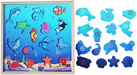 TOWO Wooden Fishing Game-Magnetic Fishing Puzzles with Numbers Jigsaw Puzzle- Sea Creatures Kids Fishing Game Educational Toys for 3 years old Mat...