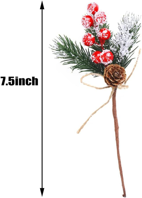 Puluole 10 Pcs Red Berries Pine Cones for Crafts - Evergreen Artificial Pine Branches Holly Stem,Christmas Tree Picks and Sprays,Artificial Flower...