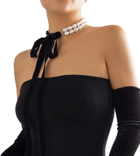 Baroque Pearl Bowknot Choker Necklace Boho Half Pearl Beaded Collar Neck Chain Black Bow Tie Long Ribbon Neck Tie Vintage Bridal Party Neck Jewelr...