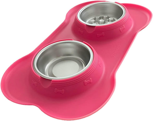 Double Pet Bowl with Silicone Mat Slow Feeder Pink...