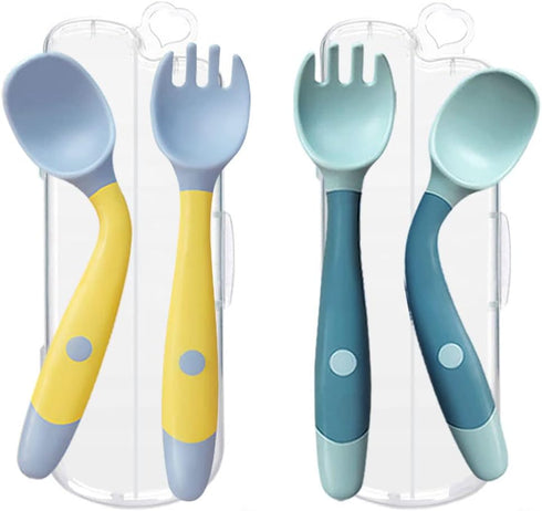 Toddler Utensils with Travel Case, Baby Spoon and Fork Set for Self-Feeding Learning Bendable Handle Silverware for Kid Children (2 Set, Yellow&Gr...