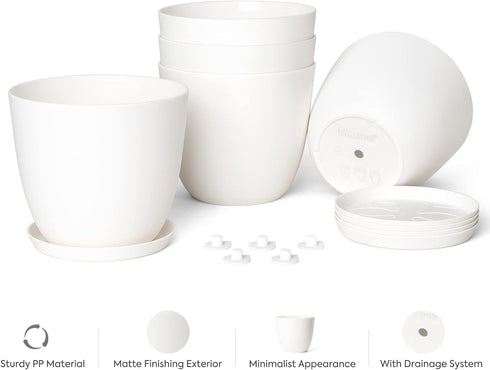 Mkono 4.5" Plastic Succulent Planters with Saucers, Indoor Set of 5 Nursery Pots Flower Plant Pot with Drainage for Small House Plants, Herbs and ...