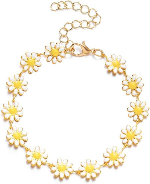 Little Daisy Flower Bracelet Dainty White Yellow Multicolor Flower Chain Bracelet Necklace Set Adjustable Sunflower Cute Bracelet Jewelry Gift for...