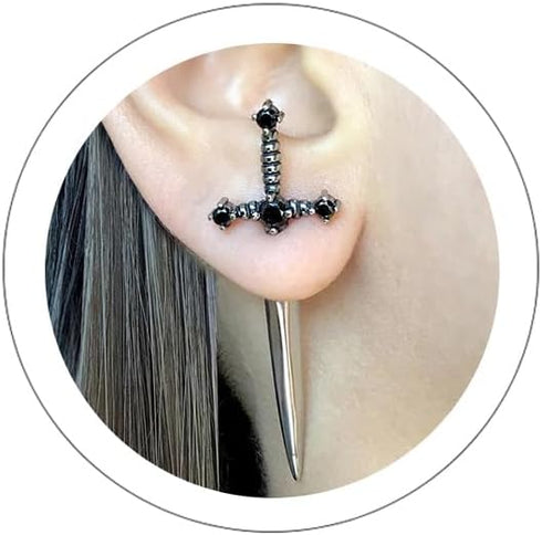 Gothic Sword Earrings Rhinestone Dagger Earrings for Women Men Punk Cool Sword Screw Earrings Cross Sword Earrings Retro Sword Front Back Stud Ear...