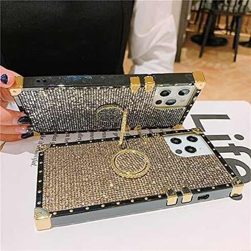 for iPhone 12 Pro Max 6.7" Bling Case Luxury Box Trunk Design Glitter Cute Gold Corner Soft TPU Cover with Ring Kickstand Holder Phone Skin,Gray...