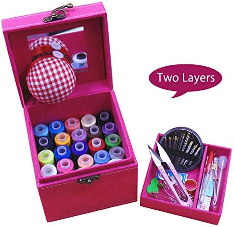 2 Layers Sewing Kits with Vintage Box Sewing Accessories Supplies Kits for Adults Kids Beginner Travel Sewing Basket Metal Handle Red...