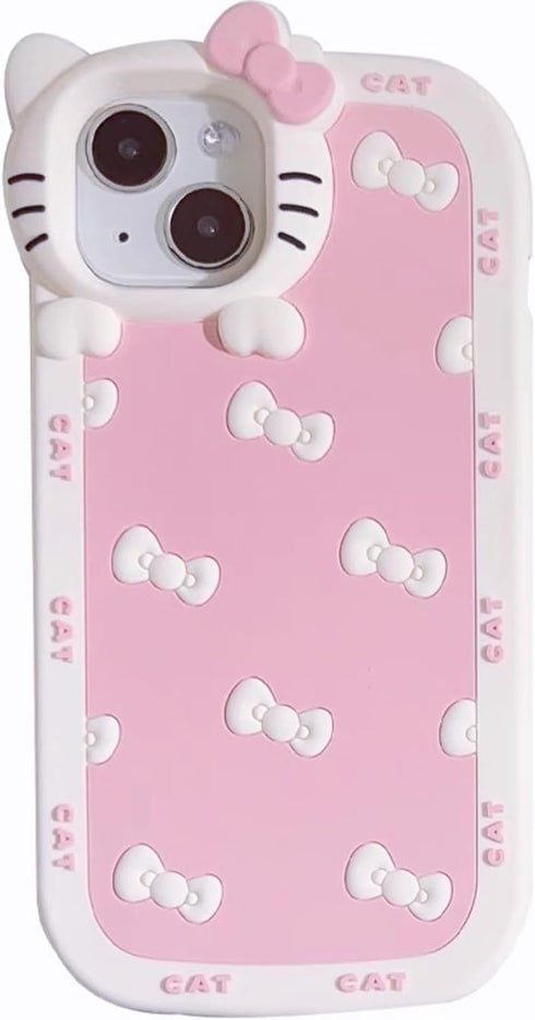 AUCAN Cute Silicone Case for iPhone 15 6.1", Pink Kawaii Soft Funny Cover, Shockproof Classic Cat Bow Cellular Phone Case for Girls Women...