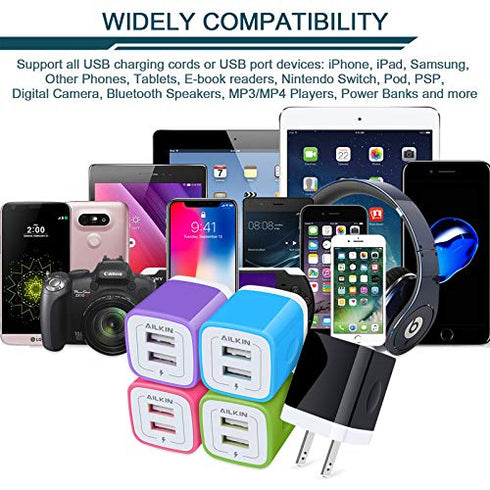 Wall Charger, 5Pack 5V/2.1AMP AILKIN Dual-Port USB Wall Charger Home Travel Plug Power Adapter for iPhone 14/13 Pro Max/12/SE/11Pro Max/XS/XR/8/7/...