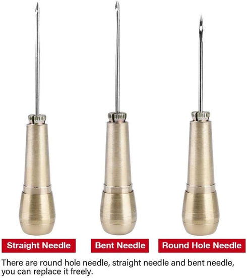 Copper Handle Sewing Awl, 1 Set Shoe Repair Tool, 3 Needles Sewing Awl Repair Tool, Hand Stitcher Kit, Leathercraft Sewing Handle, Awl...