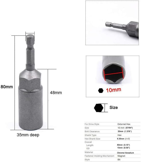 RUIAN 10mm Hex Magnetic Power Socket 1/4 inch Drill Bit Nuts Driver Set 80mm Length Adapter for Electrician Tools 2-Piece...