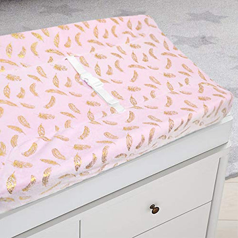 American Baby Company Heavenly Soft Chenille Fitted Contoured Changing Pad Cover, Sparkle Gold Feather on Solid Pink, for Girls...