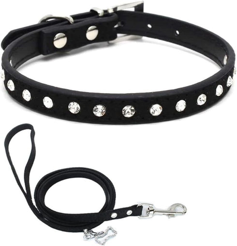 Rhinestone Dog Collar and Leash Set,Cute Dazzling Sparkling Fun Soft Suede Leather Cat Collars Crystal Diamond Pet for XXS XS Small Medium Puppy K...