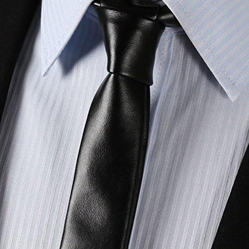Men's Skinny Tie Handmade PU Leather Black Narrow Necktie...