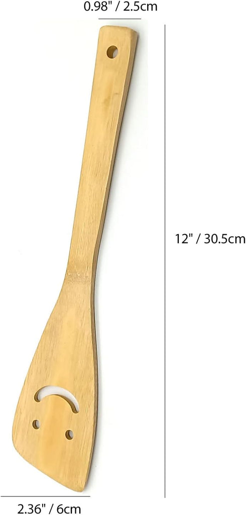 2-Piece 12-Inch Bamboo Smiley Face Wooden Spoons & Spatula Kitchen Cooking Tools for Nonstick Cookware and Wok...