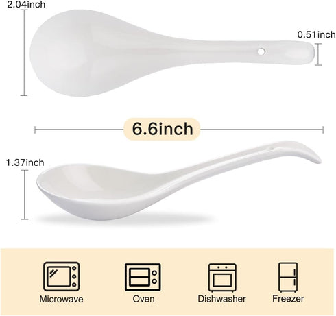 Porcelain Soup Spoons Set of 6, Ceramic Chinese Soup Spoons 6.6 Inch, Asian Soup Spoons, Japanese Ramen Spoons, White...